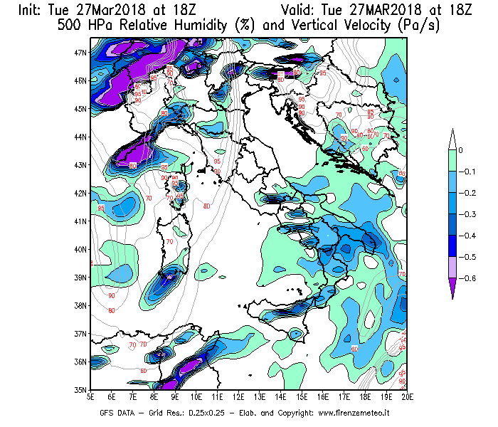 Mappa di analisi GFS - Umidità relativa [%] e Omega [Pa/s] a 500 hPa in Italia
							del 27/03/2018 18 <!--googleoff: index-->UTC<!--googleon: index-->