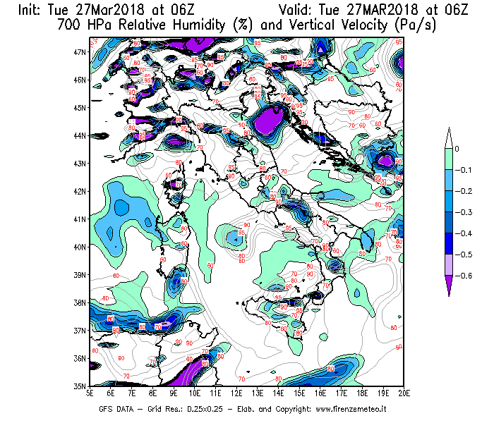 Mappa di analisi GFS - Umidità relativa [%] e Omega [Pa/s] a 700 hPa in Italia
							del 27/03/2018 06 <!--googleoff: index-->UTC<!--googleon: index-->
