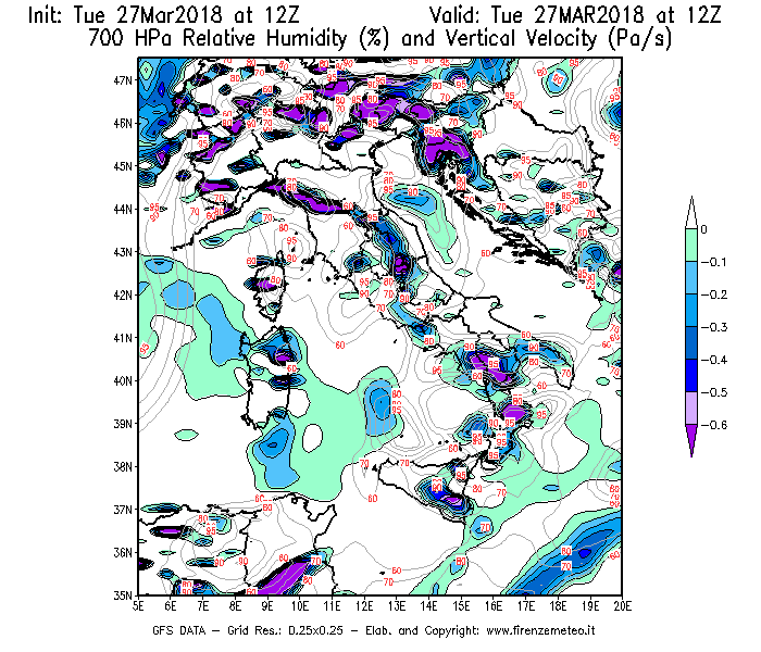 Mappa di analisi GFS - Umidità relativa [%] e Omega [Pa/s] a 700 hPa in Italia
							del 27/03/2018 12 <!--googleoff: index-->UTC<!--googleon: index-->