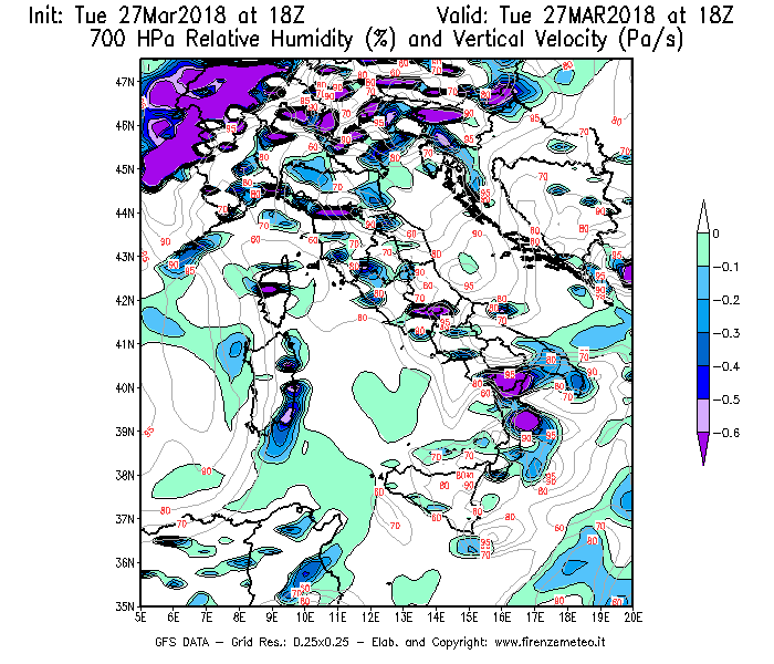 Mappa di analisi GFS - Umidità relativa [%] e Omega [Pa/s] a 700 hPa in Italia
							del 27/03/2018 18 <!--googleoff: index-->UTC<!--googleon: index-->