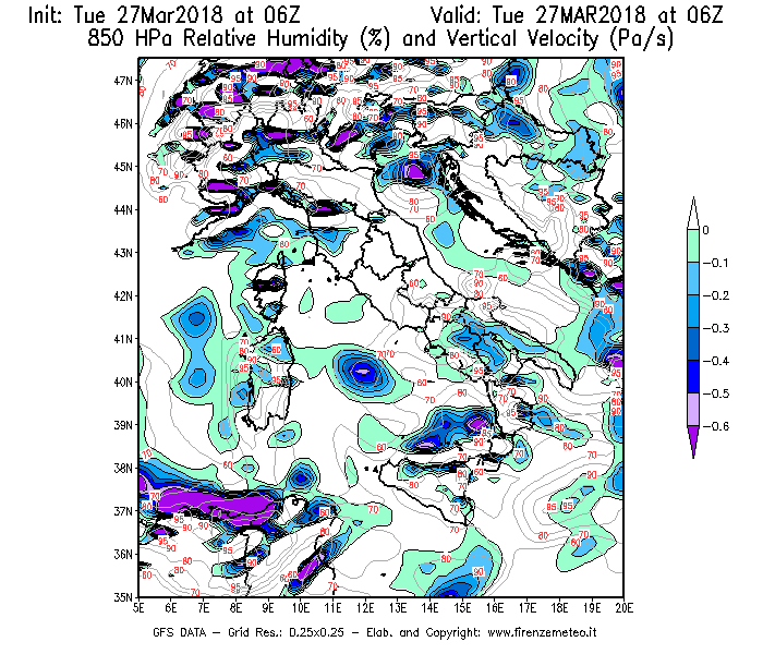 Mappa di analisi GFS - Umidità relativa [%] e Omega [Pa/s] a 850 hPa in Italia
							del 27/03/2018 06 <!--googleoff: index-->UTC<!--googleon: index-->
