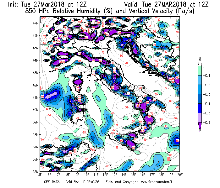 Mappa di analisi GFS - Umidità relativa [%] e Omega [Pa/s] a 850 hPa in Italia
							del 27/03/2018 12 <!--googleoff: index-->UTC<!--googleon: index-->