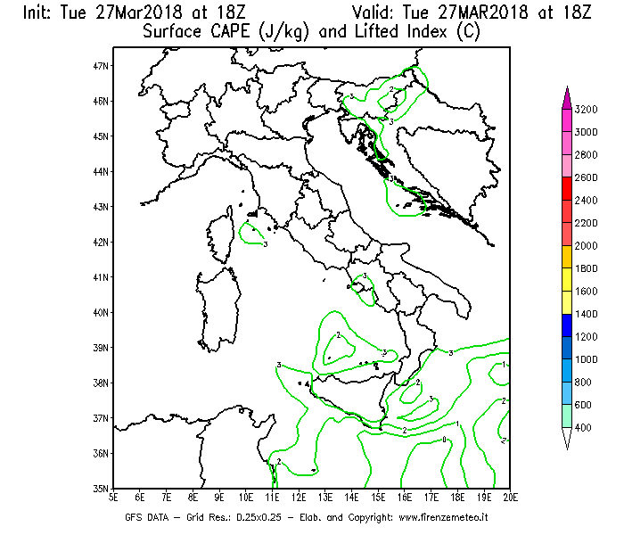 Mappa di analisi GFS - CAPE [J/kg] e Lifted Index [°C] in Italia
							del 27/03/2018 18 <!--googleoff: index-->UTC<!--googleon: index-->