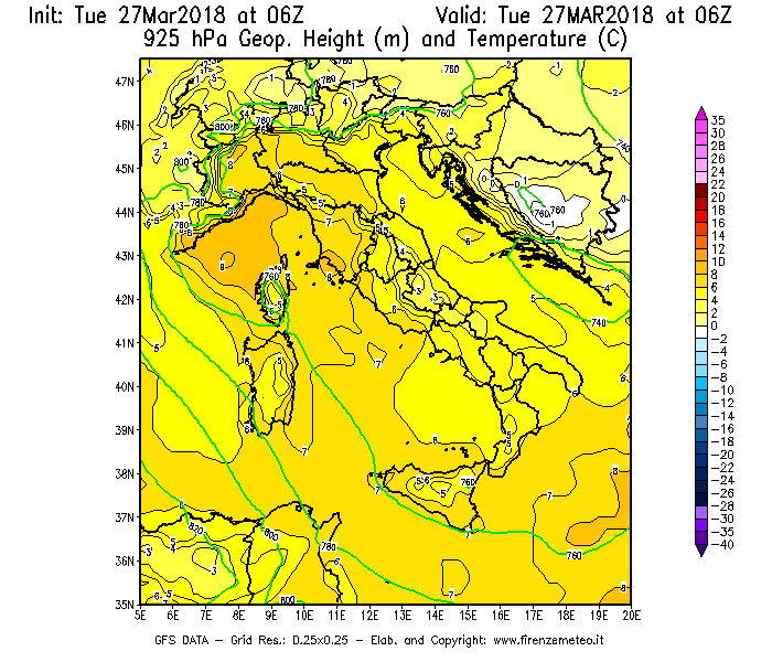 Mappa di analisi GFS - Geopotenziale [m] e Temperatura [°C] a 925 hPa in Italia
							del 27/03/2018 06 <!--googleoff: index-->UTC<!--googleon: index-->