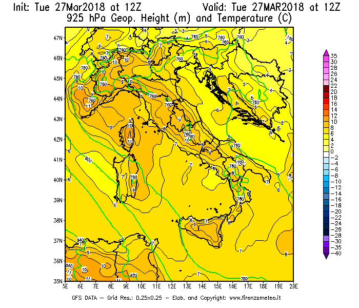 Mappa di analisi GFS - Geopotenziale [m] e Temperatura [°C] a 925 hPa in Italia
							del 27/03/2018 12 <!--googleoff: index-->UTC<!--googleon: index-->