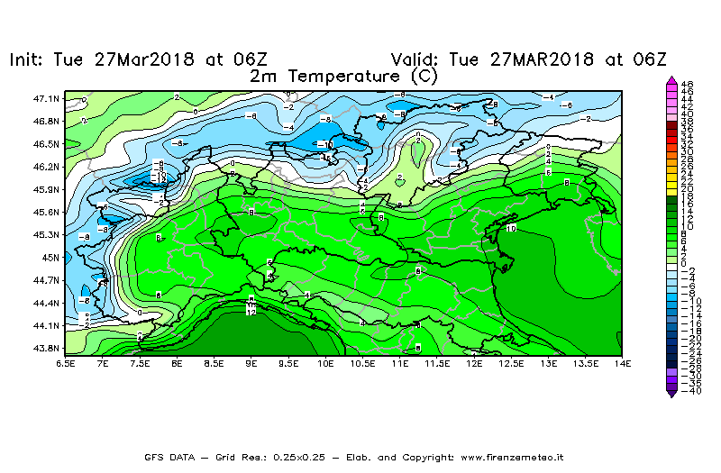 Mappa di analisi GFS - Temperatura a 2 metri dal suolo [°C] in Nord-Italia
							del 27/03/2018 06 <!--googleoff: index-->UTC<!--googleon: index-->