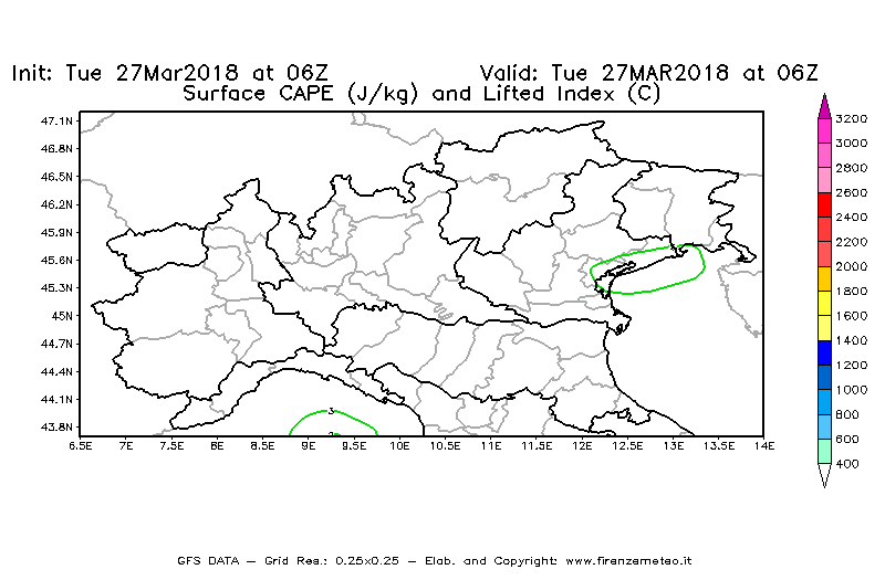 Mappa di analisi GFS - CAPE [J/kg] e Lifted Index [°C] in Nord-Italia
							del 27/03/2018 06 <!--googleoff: index-->UTC<!--googleon: index-->