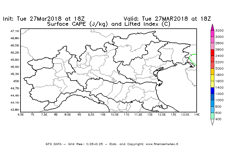 Mappa di analisi GFS - CAPE [J/kg] e Lifted Index [°C] in Nord-Italia
							del 27/03/2018 18 <!--googleoff: index-->UTC<!--googleon: index-->
