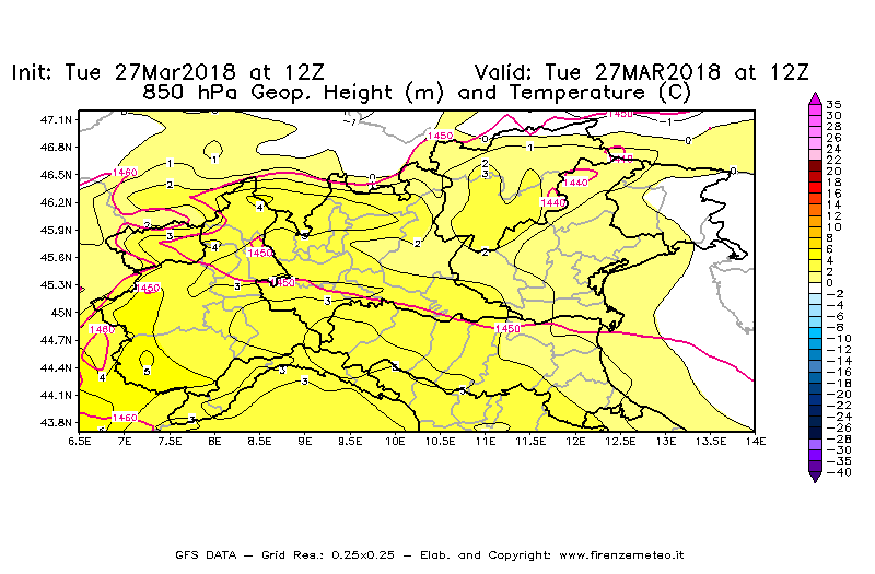 Mappa di analisi GFS - Geopotenziale [m] e Temperatura [°C] a 850 hPa in Nord-Italia
							del 27/03/2018 12 <!--googleoff: index-->UTC<!--googleon: index-->