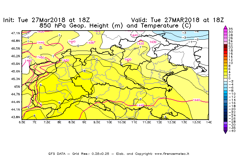 Mappa di analisi GFS - Geopotenziale [m] e Temperatura [°C] a 850 hPa in Nord-Italia
							del 27/03/2018 18 <!--googleoff: index-->UTC<!--googleon: index-->