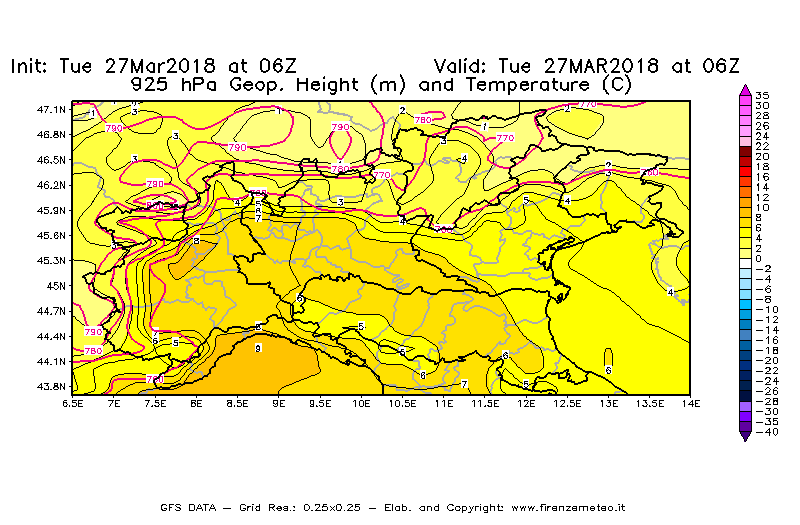 Mappa di analisi GFS - Geopotenziale [m] e Temperatura [°C] a 925 hPa in Nord-Italia
							del 27/03/2018 06 <!--googleoff: index-->UTC<!--googleon: index-->