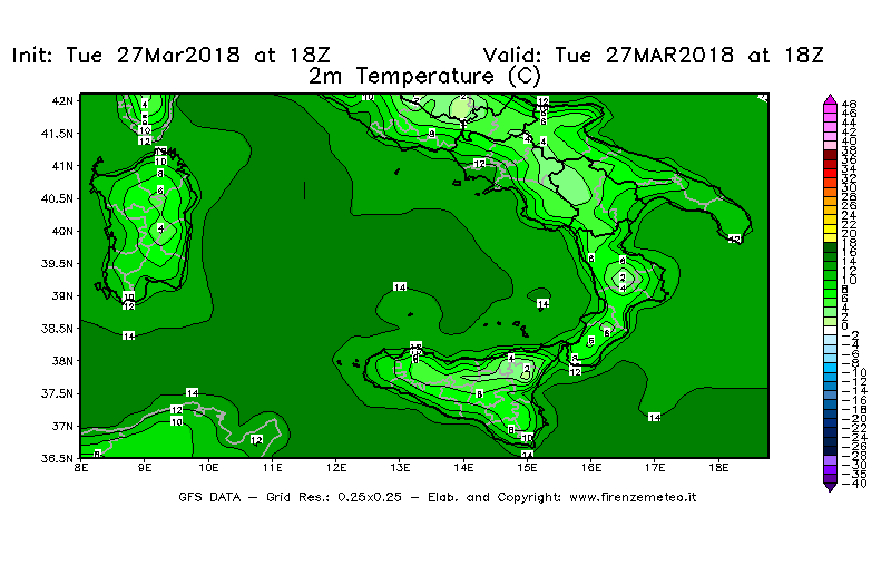 Mappa di analisi GFS - Temperatura a 2 metri dal suolo [°C] in Sud-Italia
							del 27/03/2018 18 <!--googleoff: index-->UTC<!--googleon: index-->