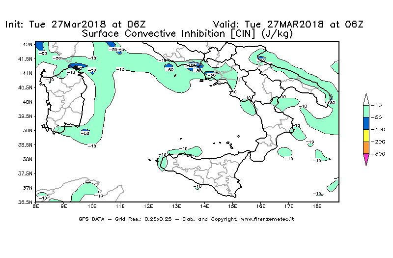 Mappa di analisi GFS - CIN [J/kg] in Sud-Italia
							del 27/03/2018 06 <!--googleoff: index-->UTC<!--googleon: index-->