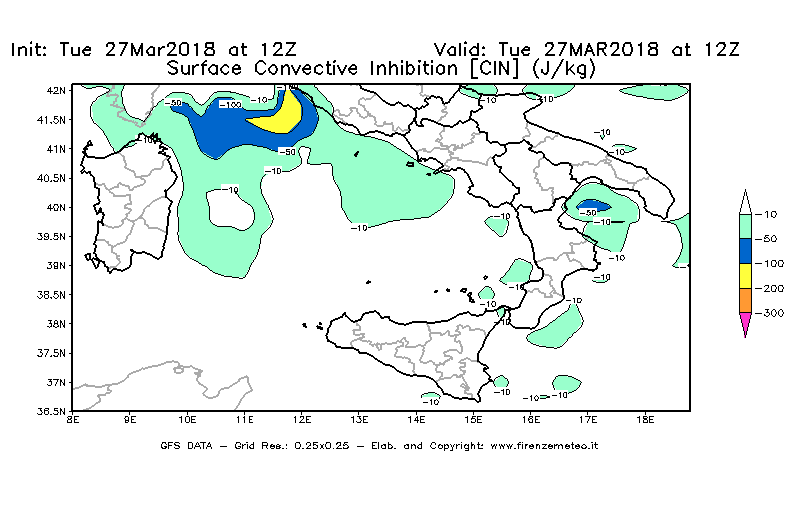 Mappa di analisi GFS - CIN [J/kg] in Sud-Italia
							del 27/03/2018 12 <!--googleoff: index-->UTC<!--googleon: index-->
