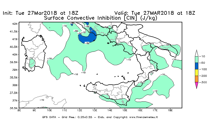 Mappa di analisi GFS - CIN [J/kg] in Sud-Italia
							del 27/03/2018 18 <!--googleoff: index-->UTC<!--googleon: index-->