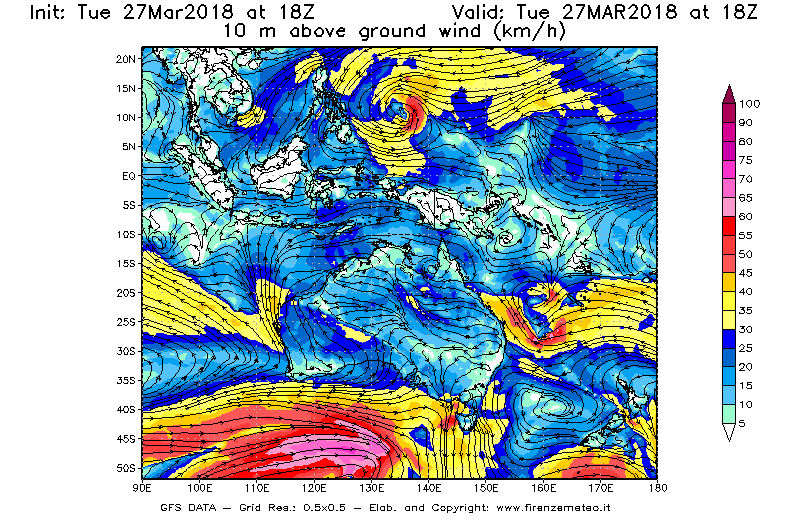 Mappa di analisi GFS - Velocità del vento a 10 metri dal suolo [km/h] in Oceania
							del 27/03/2018 18 <!--googleoff: index-->UTC<!--googleon: index-->