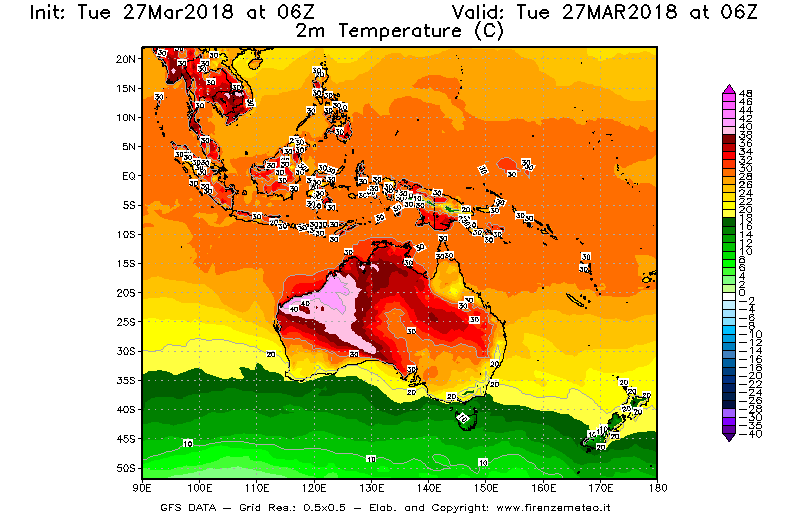 Mappa di analisi GFS - Temperatura a 2 metri dal suolo [°C] in Oceania
							del 27/03/2018 06 <!--googleoff: index-->UTC<!--googleon: index-->