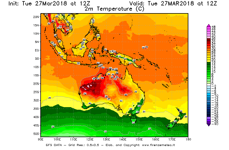 Mappa di analisi GFS - Temperatura a 2 metri dal suolo [°C] in Oceania
							del 27/03/2018 12 <!--googleoff: index-->UTC<!--googleon: index-->