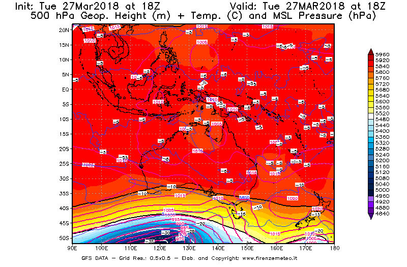 Mappa di analisi GFS - Geopotenziale [m] + Temp. [°C] a 500 hPa + Press. a livello del mare [hPa] in Oceania
							del 27/03/2018 18 <!--googleoff: index-->UTC<!--googleon: index-->