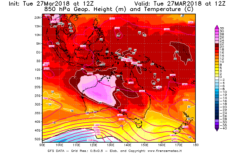 Mappa di analisi GFS - Geopotenziale [m] e Temperatura [°C] a 850 hPa in Oceania
							del 27/03/2018 12 <!--googleoff: index-->UTC<!--googleon: index-->