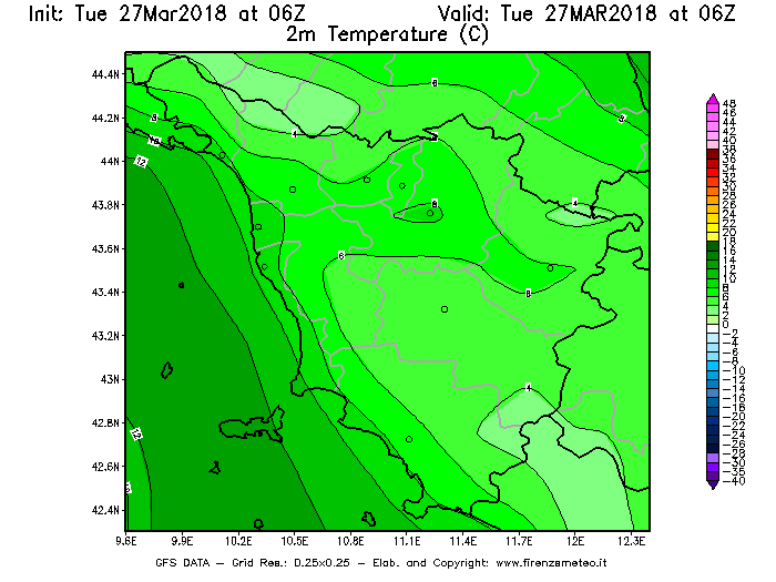 Mappa di analisi GFS - Temperatura a 2 metri dal suolo [°C] in Toscana
							del 27/03/2018 06 <!--googleoff: index-->UTC<!--googleon: index-->