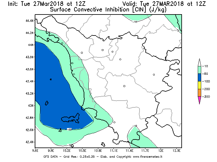 Mappa di analisi GFS - CIN [J/kg] in Toscana
							del 27/03/2018 12 <!--googleoff: index-->UTC<!--googleon: index-->