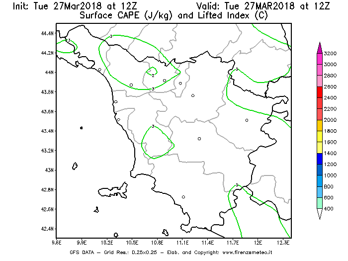 Mappa di analisi GFS - CAPE [J/kg] e Lifted Index [°C] in Toscana
							del 27/03/2018 12 <!--googleoff: index-->UTC<!--googleon: index-->