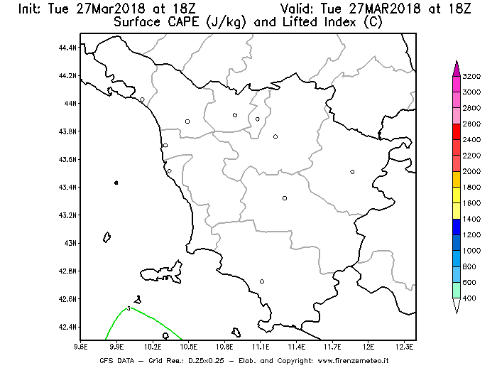 Mappa di analisi GFS - CAPE [J/kg] e Lifted Index [°C] in Toscana
							del 27/03/2018 18 <!--googleoff: index-->UTC<!--googleon: index-->