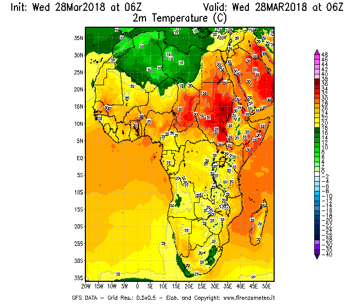 Mappa di analisi GFS - Temperatura a 2 metri dal suolo [°C] in Africa
							del 28/03/2018 06 <!--googleoff: index-->UTC<!--googleon: index-->