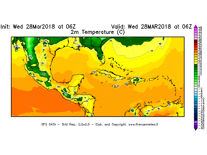Mappa di analisi GFS - Temperatura a 2 metri dal suolo [°C] in Centro-America
							del 28/03/2018 06 <!--googleoff: index-->UTC<!--googleon: index-->