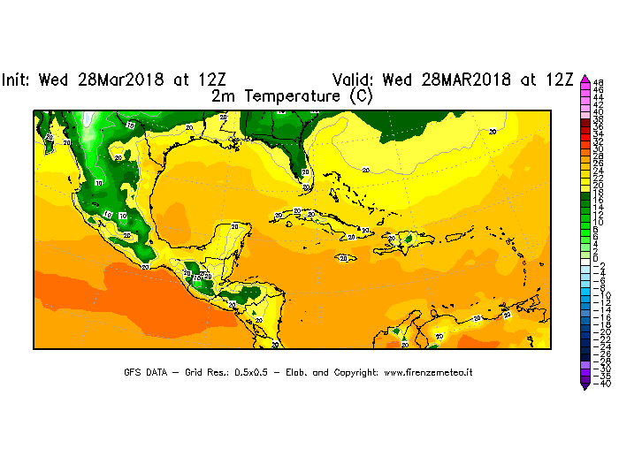 Mappa di analisi GFS - Temperatura a 2 metri dal suolo [°C] in Centro-America
							del 28/03/2018 12 <!--googleoff: index-->UTC<!--googleon: index-->