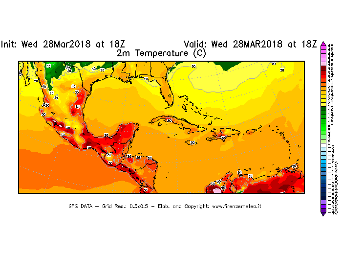 Mappa di analisi GFS - Temperatura a 2 metri dal suolo [°C] in Centro-America
							del 28/03/2018 18 <!--googleoff: index-->UTC<!--googleon: index-->