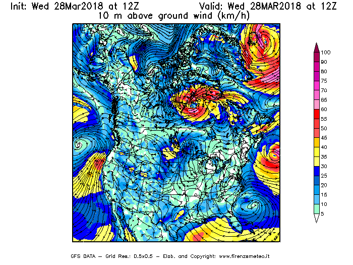 Mappa di analisi GFS - Velocità del vento a 10 metri dal suolo [km/h] in Nord-America
							del 28/03/2018 12 <!--googleoff: index-->UTC<!--googleon: index-->
