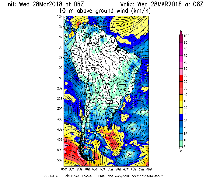Mappa di analisi GFS - Velocità del vento a 10 metri dal suolo [km/h] in Sud-America
							del 28/03/2018 06 <!--googleoff: index-->UTC<!--googleon: index-->