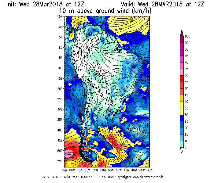Mappa di analisi GFS - Velocità del vento a 10 metri dal suolo [km/h] in Sud-America
							del 28/03/2018 12 <!--googleoff: index-->UTC<!--googleon: index-->