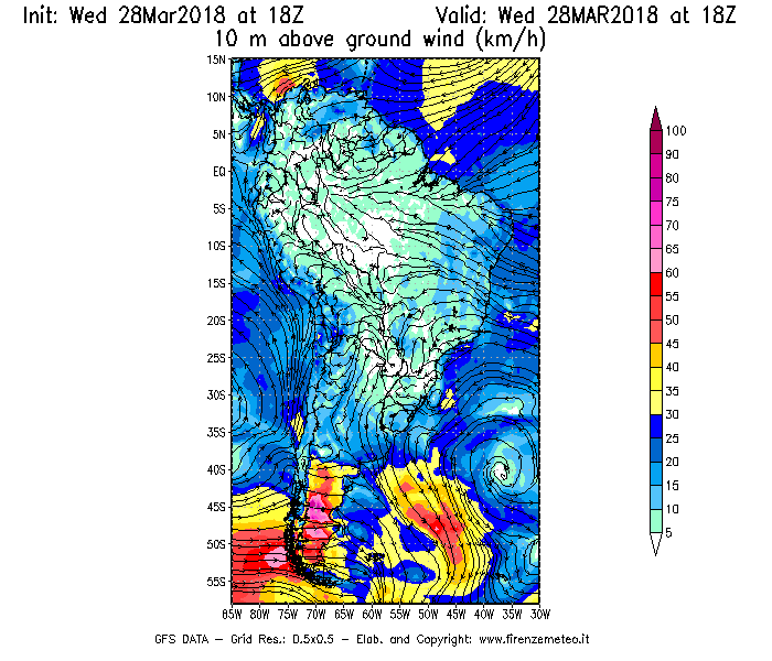 Mappa di analisi GFS - Velocità del vento a 10 metri dal suolo [km/h] in Sud-America
							del 28/03/2018 18 <!--googleoff: index-->UTC<!--googleon: index-->