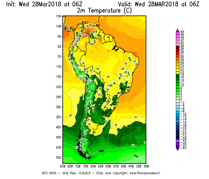 Mappa di analisi GFS - Temperatura a 2 metri dal suolo [°C] in Sud-America
							del 28/03/2018 06 <!--googleoff: index-->UTC<!--googleon: index-->