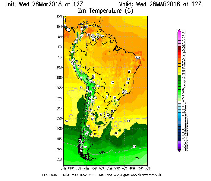 Mappa di analisi GFS - Temperatura a 2 metri dal suolo [°C] in Sud-America
							del 28/03/2018 12 <!--googleoff: index-->UTC<!--googleon: index-->