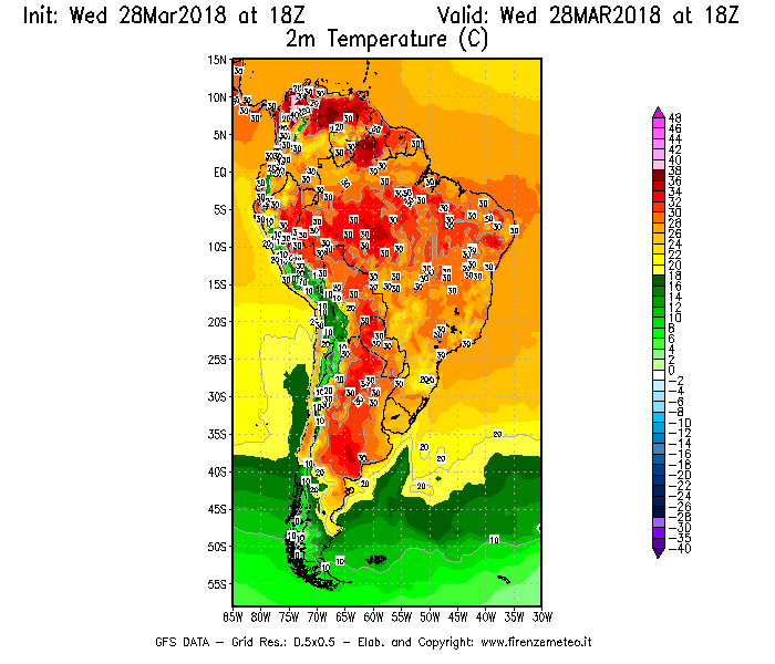 Mappa di analisi GFS - Temperatura a 2 metri dal suolo [°C] in Sud-America
							del 28/03/2018 18 <!--googleoff: index-->UTC<!--googleon: index-->