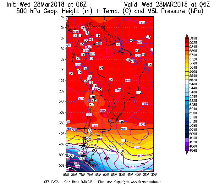 Mappa di analisi GFS - Geopotenziale [m] + Temp. [°C] a 500 hPa + Press. a livello del mare [hPa] in Sud-America
							del 28/03/2018 06 <!--googleoff: index-->UTC<!--googleon: index-->