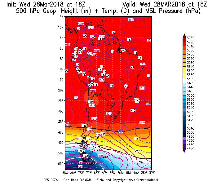 Mappa di analisi GFS - Geopotenziale [m] + Temp. [°C] a 500 hPa + Press. a livello del mare [hPa] in Sud-America
							del 28/03/2018 18 <!--googleoff: index-->UTC<!--googleon: index-->