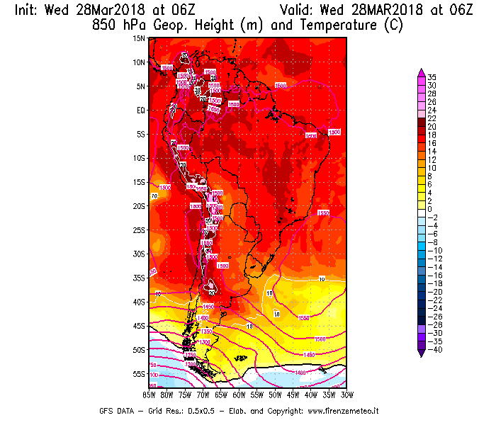 Mappa di analisi GFS - Geopotenziale [m] e Temperatura [°C] a 850 hPa in Sud-America
							del 28/03/2018 06 <!--googleoff: index-->UTC<!--googleon: index-->
