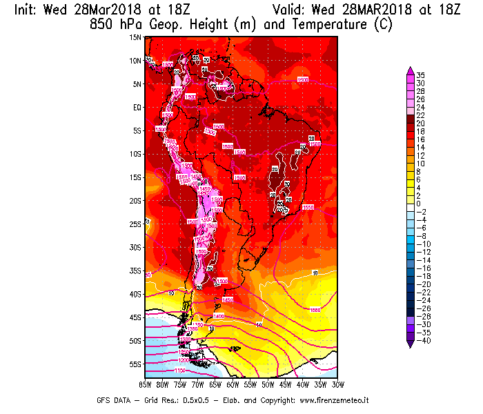 Mappa di analisi GFS - Geopotenziale [m] e Temperatura [°C] a 850 hPa in Sud-America
							del 28/03/2018 18 <!--googleoff: index-->UTC<!--googleon: index-->