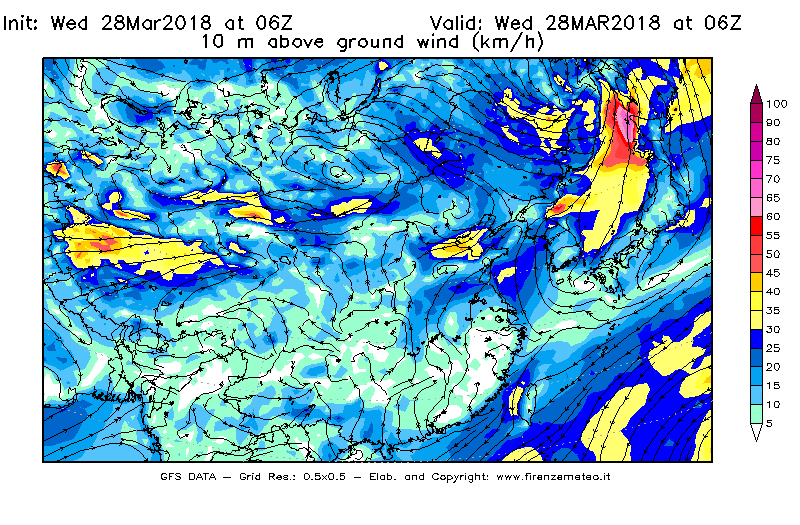Mappa di analisi GFS - Velocità del vento a 10 metri dal suolo [km/h] in Asia Orientale
							del 28/03/2018 06 <!--googleoff: index-->UTC<!--googleon: index-->