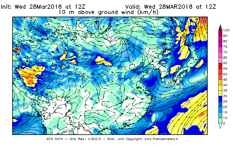 Mappa di analisi GFS - Velocità del vento a 10 metri dal suolo [km/h] in Asia Orientale
							del 28/03/2018 12 <!--googleoff: index-->UTC<!--googleon: index-->