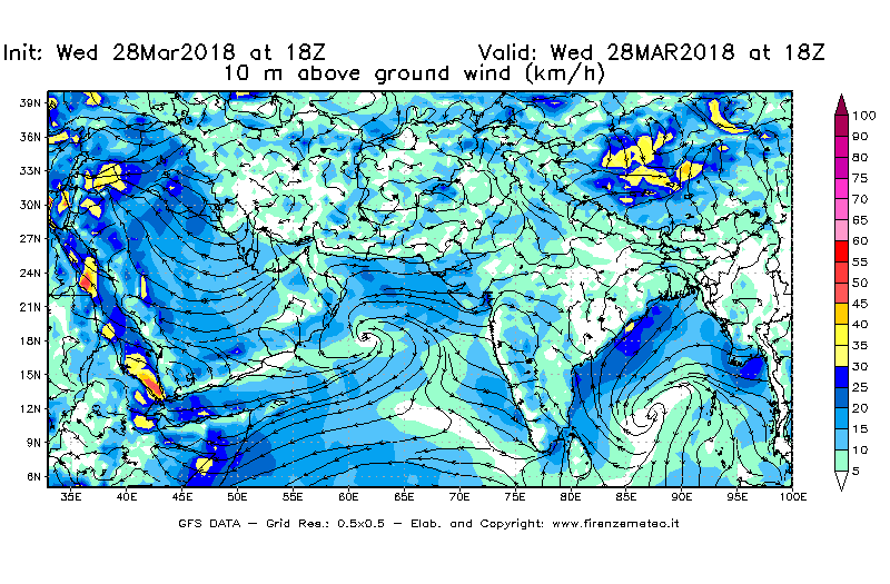 Mappa di analisi GFS - Velocità del vento a 10 metri dal suolo [km/h] in Asia Sud-Occidentale
							del 28/03/2018 18 <!--googleoff: index-->UTC<!--googleon: index-->