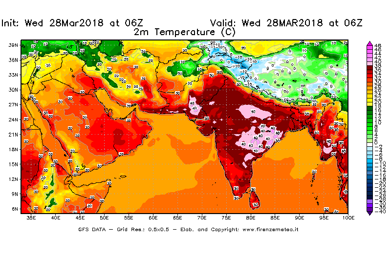 Mappa di analisi GFS - Temperatura a 2 metri dal suolo [°C] in Asia Sud-Occidentale
							del 28/03/2018 06 <!--googleoff: index-->UTC<!--googleon: index-->