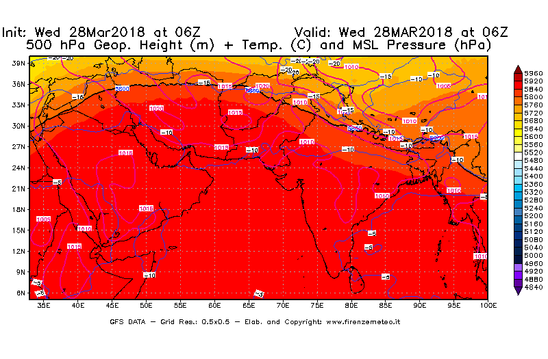Mappa di analisi GFS - Geopotenziale [m] + Temp. [°C] a 500 hPa + Press. a livello del mare [hPa] in Asia Sud-Occidentale
							del 28/03/2018 06 <!--googleoff: index-->UTC<!--googleon: index-->