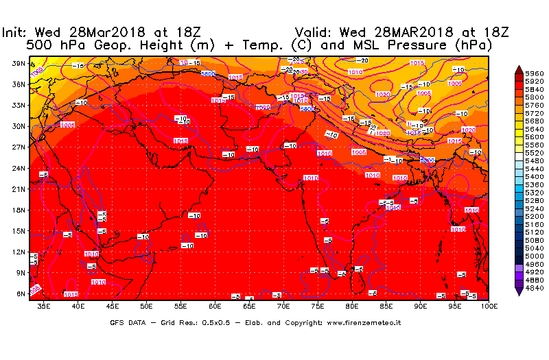 Mappa di analisi GFS - Geopotenziale [m] + Temp. [°C] a 500 hPa + Press. a livello del mare [hPa] in Asia Sud-Occidentale
							del 28/03/2018 18 <!--googleoff: index-->UTC<!--googleon: index-->