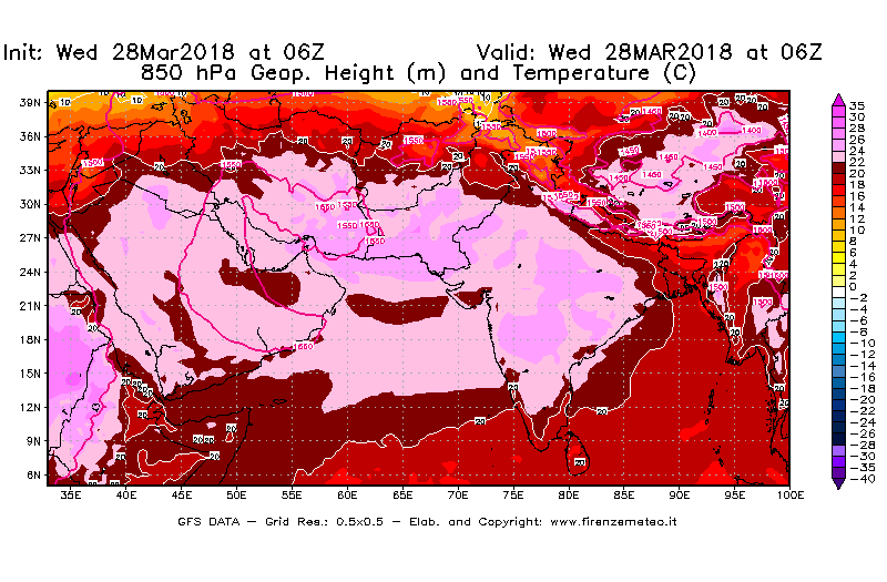 Mappa di analisi GFS - Geopotenziale [m] e Temperatura [°C] a 850 hPa in Asia Sud-Occidentale
							del 28/03/2018 06 <!--googleoff: index-->UTC<!--googleon: index-->